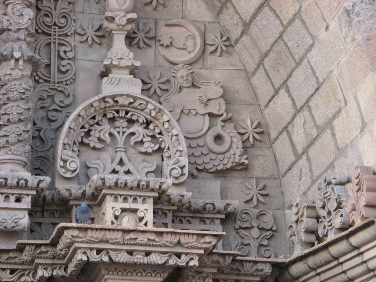 Potosi, Potosi: San Lorenzo church detail Note mermaid playing guitar.