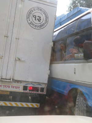 A very tight squeeze past, Tibet border to Kathmandu, Nepal 2014
