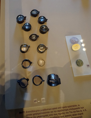 Archaeological Museum 7th-6th c bc rock crystal convex jewelers, Around Rhodes, Greece May 2017
