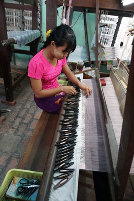 Hand silk weaving.  In tiny sections at a time., Sagaing, Myanmar 2017