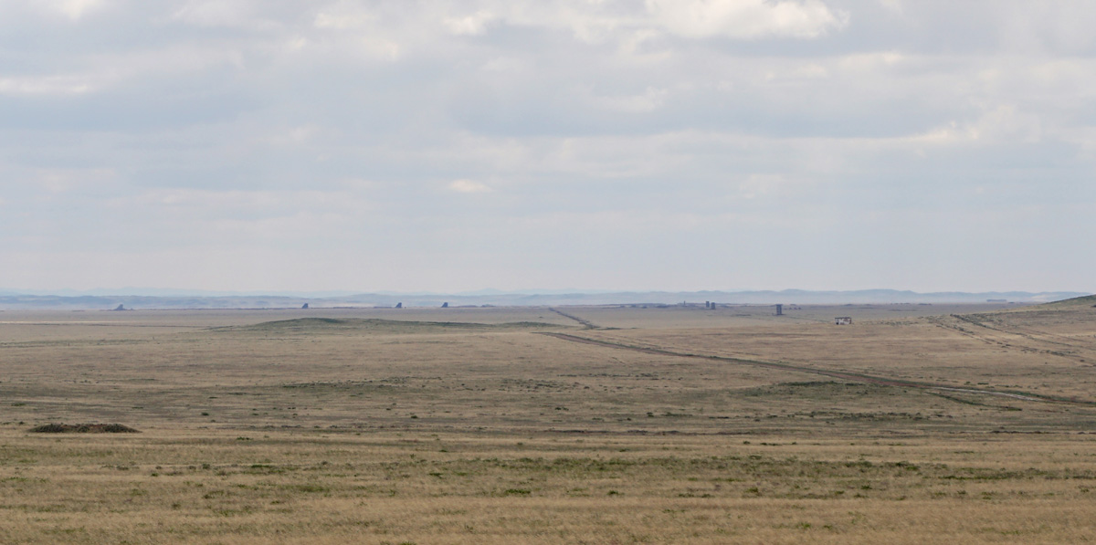 Semipalatinsk Test Site, View across test site Note the test monitoring towers centered on ground zero