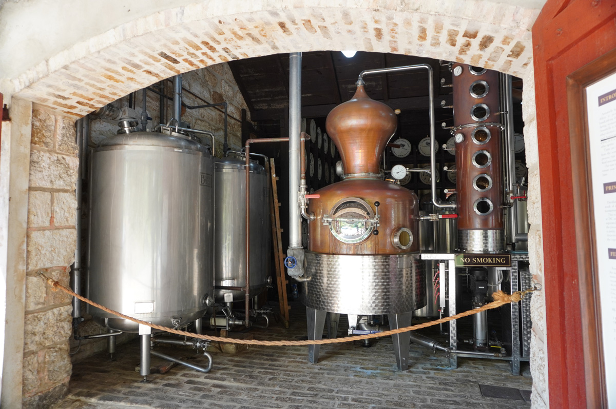 Barbados: St Nicholas Abbey, Fermenters + Kettle + Distillation column