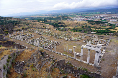 View over Upper Gymnasium, Pergamon Upper City, West Turkey June 2021