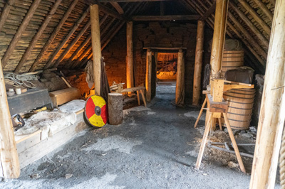 Inside replica settlement, L'Anse aux Meadows, Newfoundland, Canada, August 2022