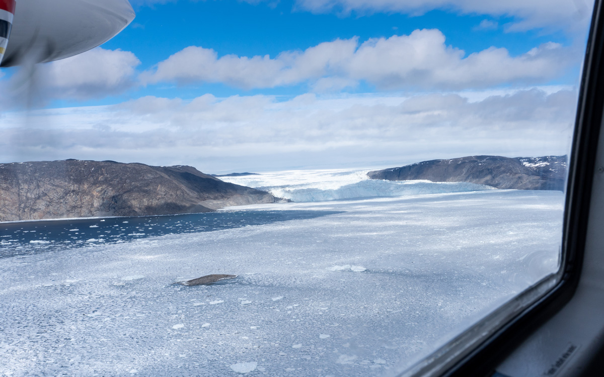 Disko Bay "Master Explorer" Flight, View to Eqip Sermia Glacier