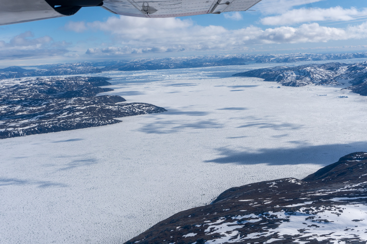 Disko Bay "Master Explorer" Flight, View up fjord towards a "dead" glacier.  (?)