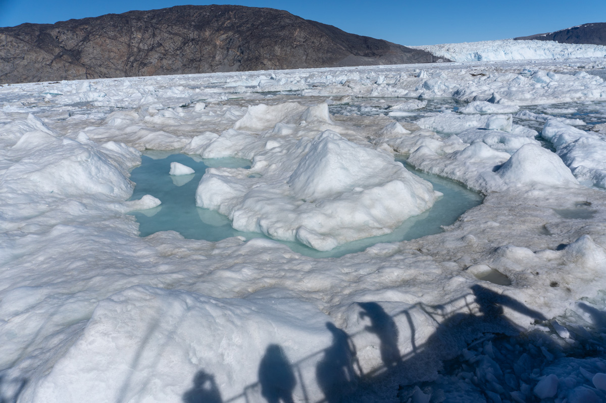 Disko Bay Glacier Cruise, Nudging out through thicker ice (rear view).