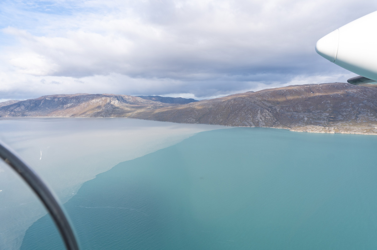 Kangerlussuaq "Ice Cap and Musk Ox" Flight, Kangerlussuaq Fjord (the "Long Fjord") Note the sharp fresh-water to sea-water transition