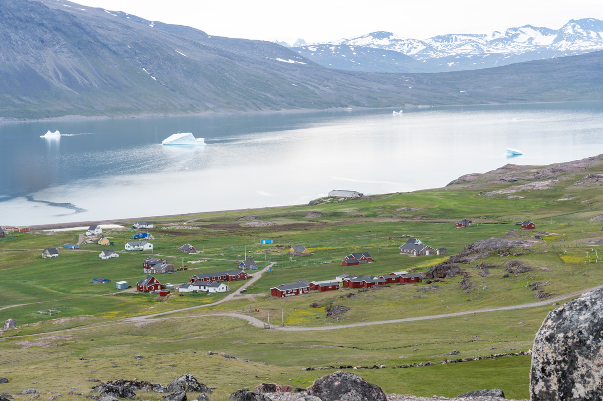 Igaliku: Garðar Cathedral, View over Igaliku Cathedral ruins are below blue building near center