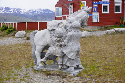 Confused statue of Eric and family Eric is lifting Leif up onto, Nararsuaq, Greenland 2022