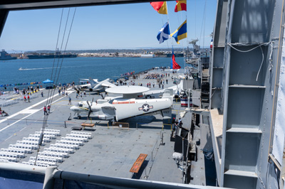 Half of Flight Deck, from Conning Tower, USS Midway Museum, California 2023