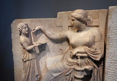 Woman Checking Facebook.  ~100 BC Gravestone of Woman with Atte, The Getty Villa, California 2023