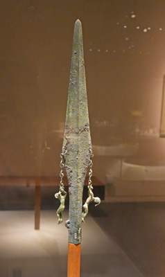 Bronze Spear with hanging figures 2nd c BC to 0 AD, Beijing: National Museum - Ancient treasures, East China 2023