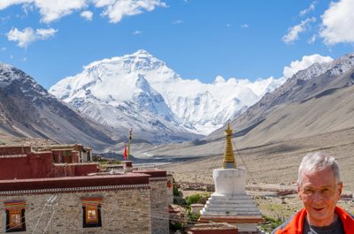 Graham at Everest (2), Everest from Rongbuk Monastery, Tibet 2023