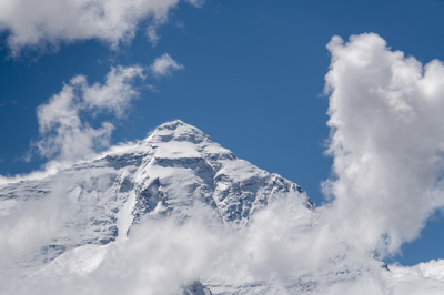 Everest tip, as the clouds come in, Everest from Rongbuk Monastery, Tibet 2023