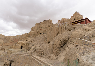 View to the top, from mid-way up, Guge Kingdom: Tsaparang, Tibet 2023