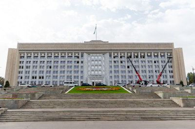 Government building under repairs from 2022 riots, Almaty, Xinjiang + Kazakhstan, 2023