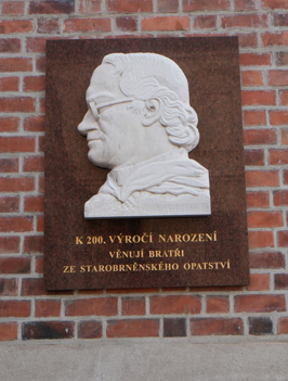 Mendel plaque outside Abbey Church Commemorating the 200th anni, Brno, Czechia, December 2023
