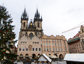 View to Church of Our Lady before Týn, Prague: Old Town Square, Czechia, December 2023