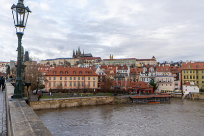 View from Charles Bridge to Castle, Prague: Charles bridge, Czechia, December 2023