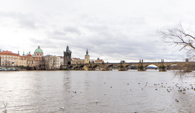 View to Charles Bridge, from North, Prague: Charles bridge, Czechia, December 2023