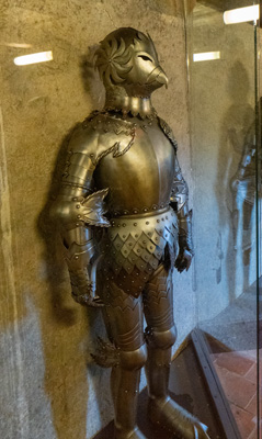 Modern "re-imagined" medieval jousting armor, Prague Castle, Czechia, December 2023