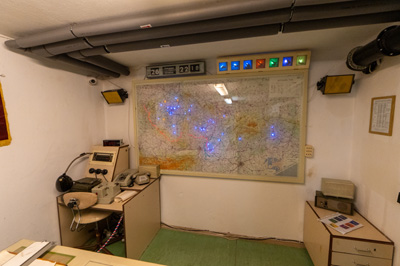 Control room with illuminated map, Prague: Cold War Museum, Czechia, December 2023