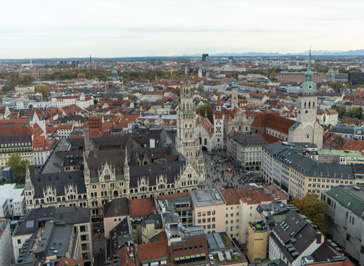 View from Frauenkirche Tower to Marienplatz Neues Rathaus on le, Munich, Germany, November 2023