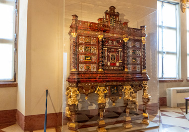 Highly ornate Bureau, Munich Residenz: Palace of the Dukes and Kings of Bavaria, Germany, November 2023