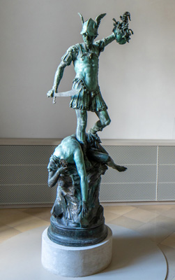 Perseus holding Medusa head (~17th c), Munich Residenz: Palace of the Dukes and Kings of Bavaria, Germany, November 2023