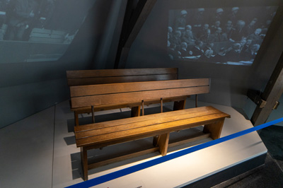 Two of the defendent benches The front bench was used by Goring, Nuremberg Trials Museum, Germany, November 2023