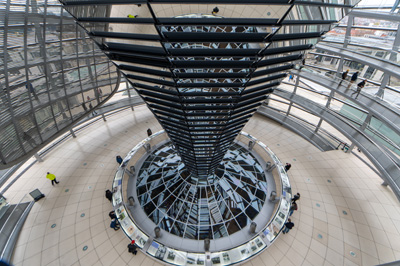 View down into Dome Interior The legislative chamber is below, Berlin: Reichstag, Germany, November 2023