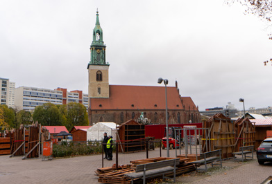 St. Marienkirche, with start of Xmas Market Blocking access to, Around Berlin, Germany, November 2023