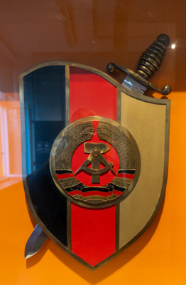Stasi Emblem (echoes KGB), Berlin: Stasi HQ Museum, Germany, November 2023