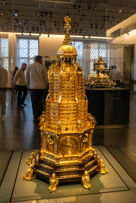 Ornate rolling-ball clock, Dresden: Residenzschloss (Royal Palace, Germany - December 2023