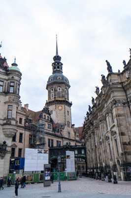 Residenz (on left) & Tower, Dresden: Residenzschloss (Royal Palace, Germany - December 2023
