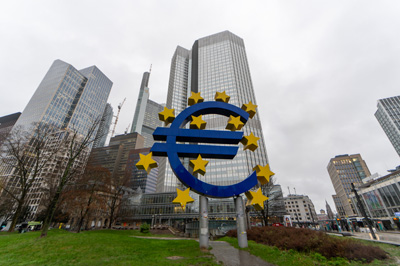 Euro symbol, outside  European Central Bank, Frankfurt, Germany - December 2023