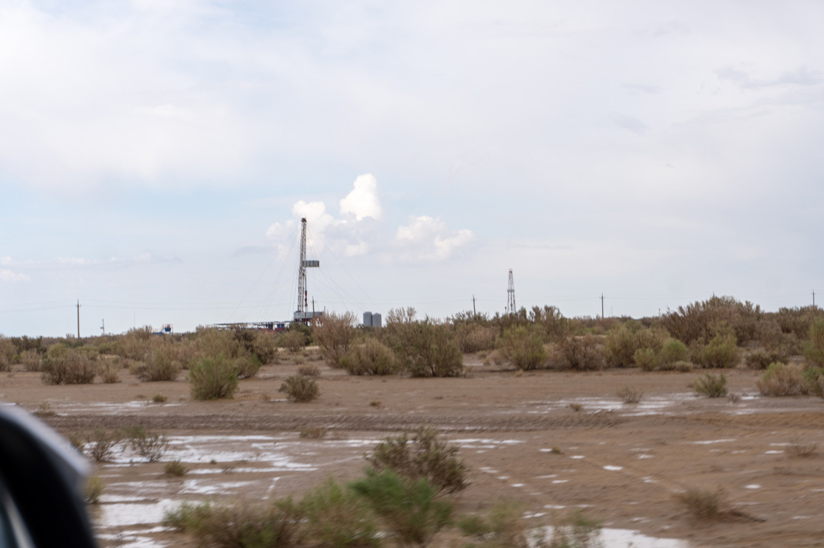 Driving across the Aral Sea bed and then the Ustyurt Plateau, Some of many oil & gas wells, on old sea bed