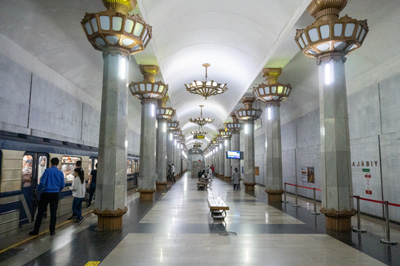 Yonus Rajabiy Metro Station, with giant torches, Tashkent Metro, Uzbekistan 2023