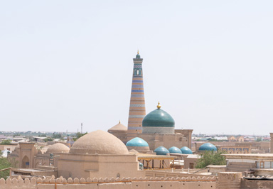 View from Ark to Islom Hoja Minaret, Kuhna Ark: the Khan's Palace/Citadel, Uzbekistan 2023
