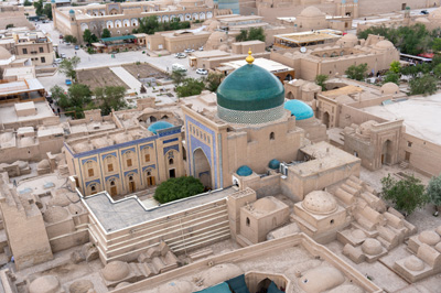 View over Pahlavon Mahmud Mausoleum From Islom Hoja Minaret, Khiva: Pahlavon Mahmud Mausoleum, Uzbekistan 2023