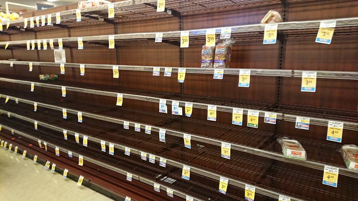 Mar 16th: Nearly empty bread section Just two loaves of raisin, Pandemic, California 2020: Pandemic & More